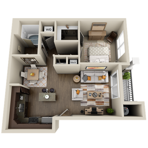 Floor plan for 1 bed, 1 bath, 679 sqft